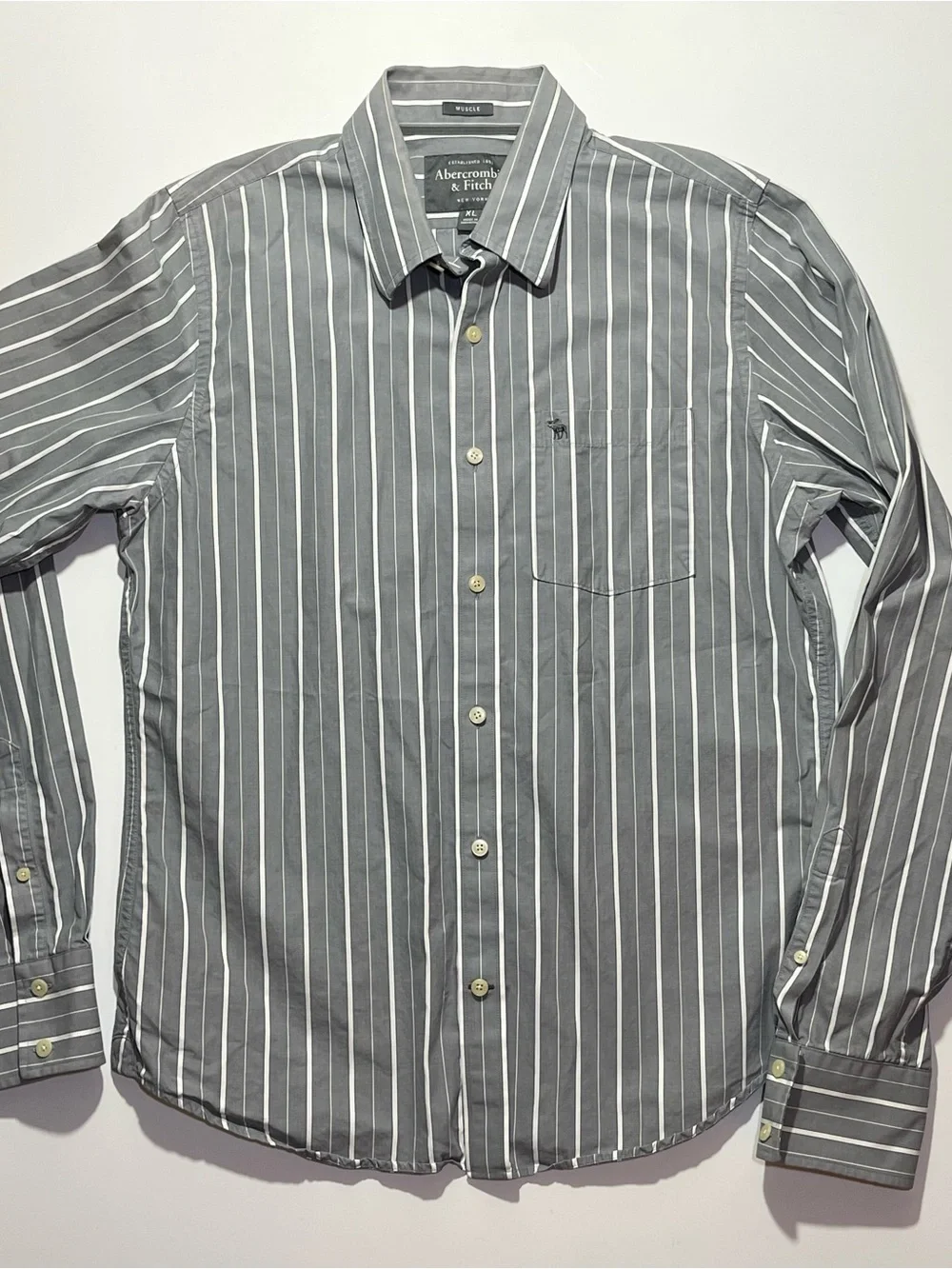 Vintage Y2K Men’s Abercrombie Long Sleeve Striped Button Shirt, Muscle, Gray